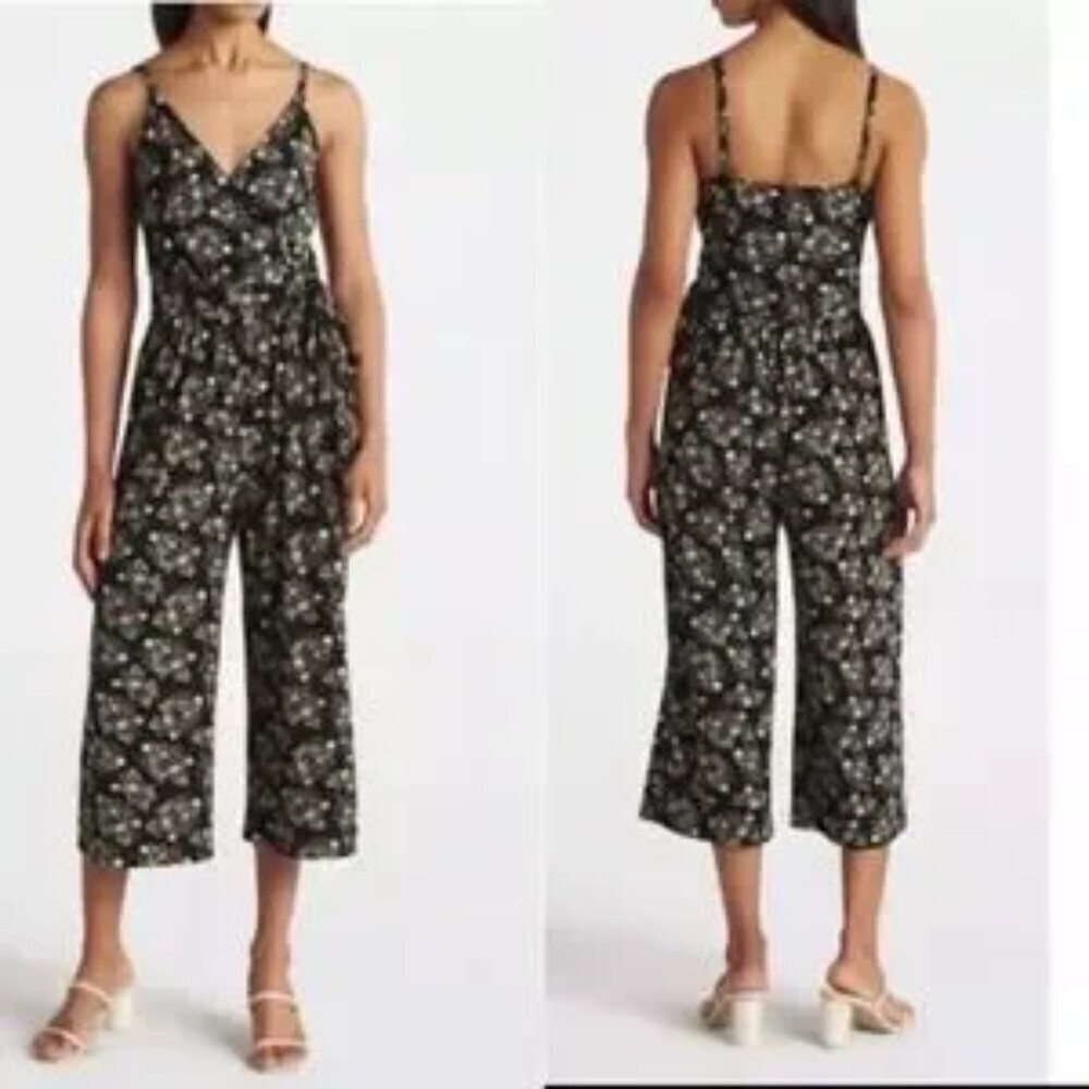 NWOT Black Floral Wide Leg Crop Jumpsuit Faux Wrap Strappy Small - Picture 12 of 12